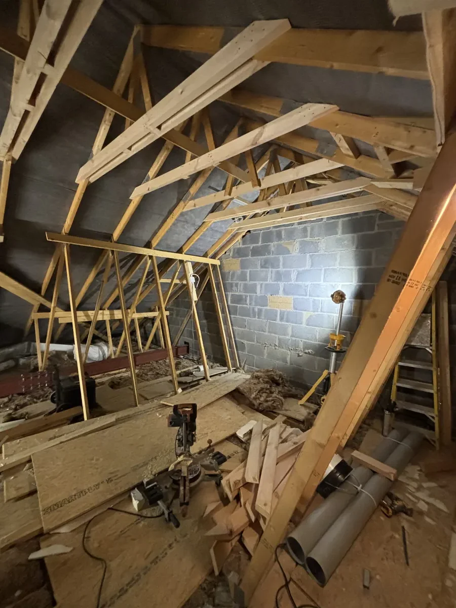 Attic before conversion — Wicklow. Raw attic with exposed beams and rubble.